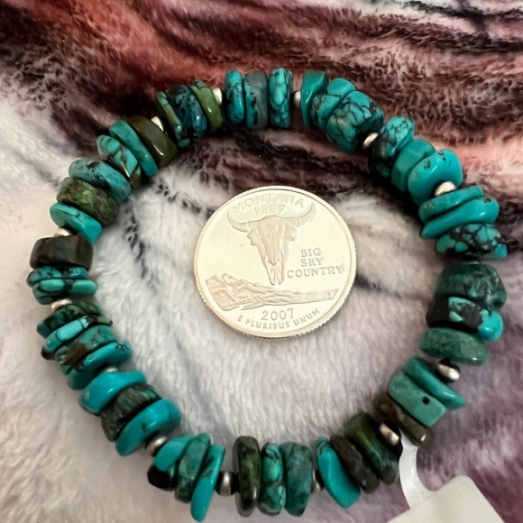 ❤️ Desert Pearls Kingman Turquoise Heishi Sterling Stretch Sz 7 Bracelet 20.8gms - Picture 4 of 10